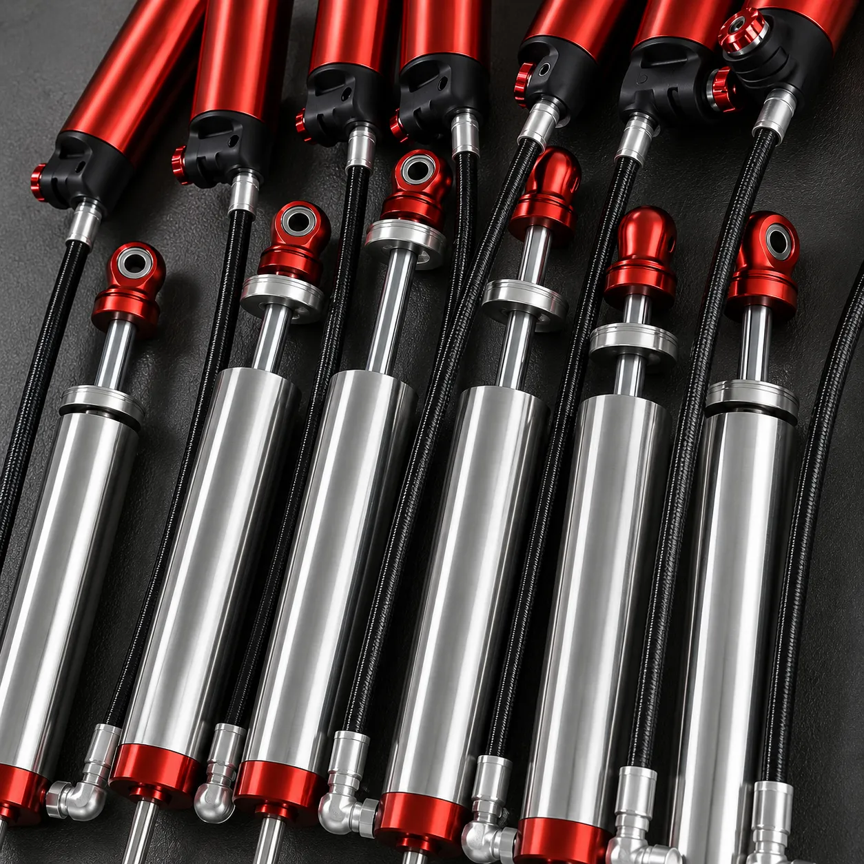 Custom shock absorber assemblies with braided hose connections